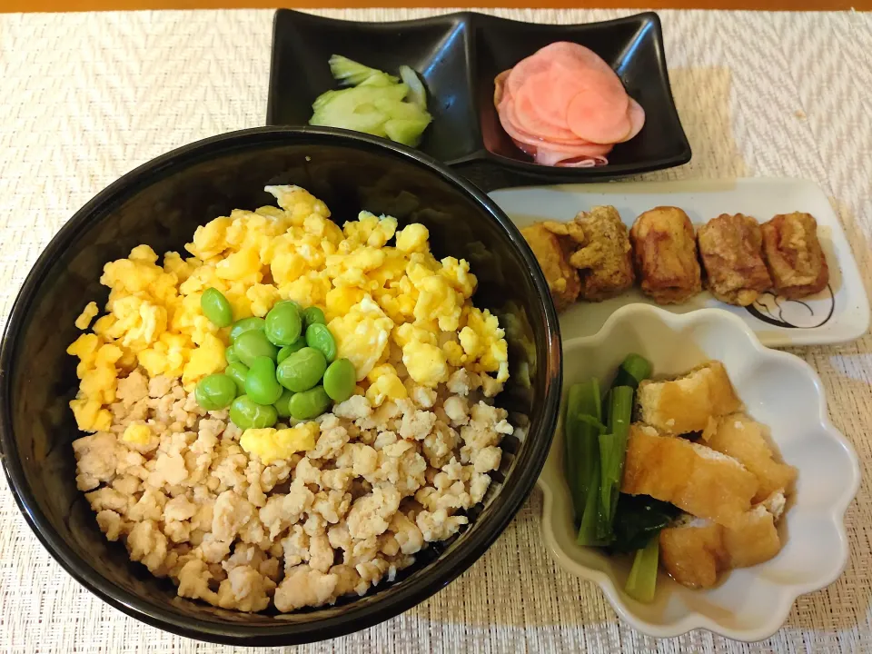 Snapdishの料理写真:☆そぼろ丼
☆小松とあげの煮浸し
☆竹輪カレー天
☆セロリ浅漬け＆ラディッシュ甘酢漬け|chikakoさん