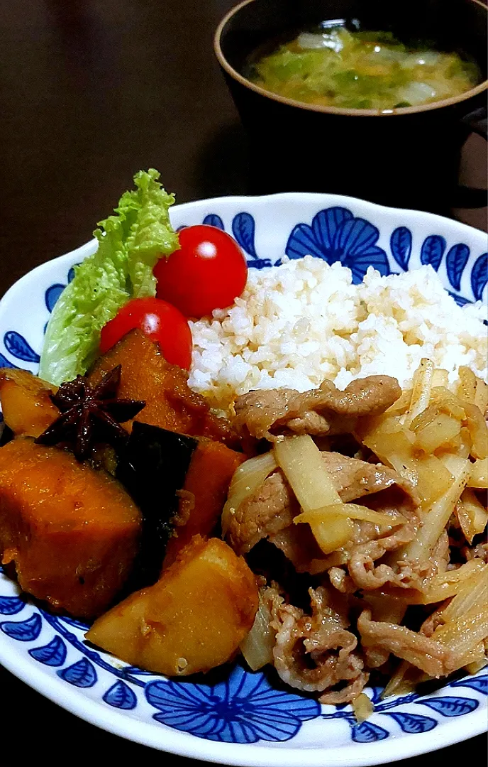 かぼちゃとジャガイモの八角煮
ウドと牛肉の万能味ソース炒め
白菜とワカメのお味噌汁|きつねさん