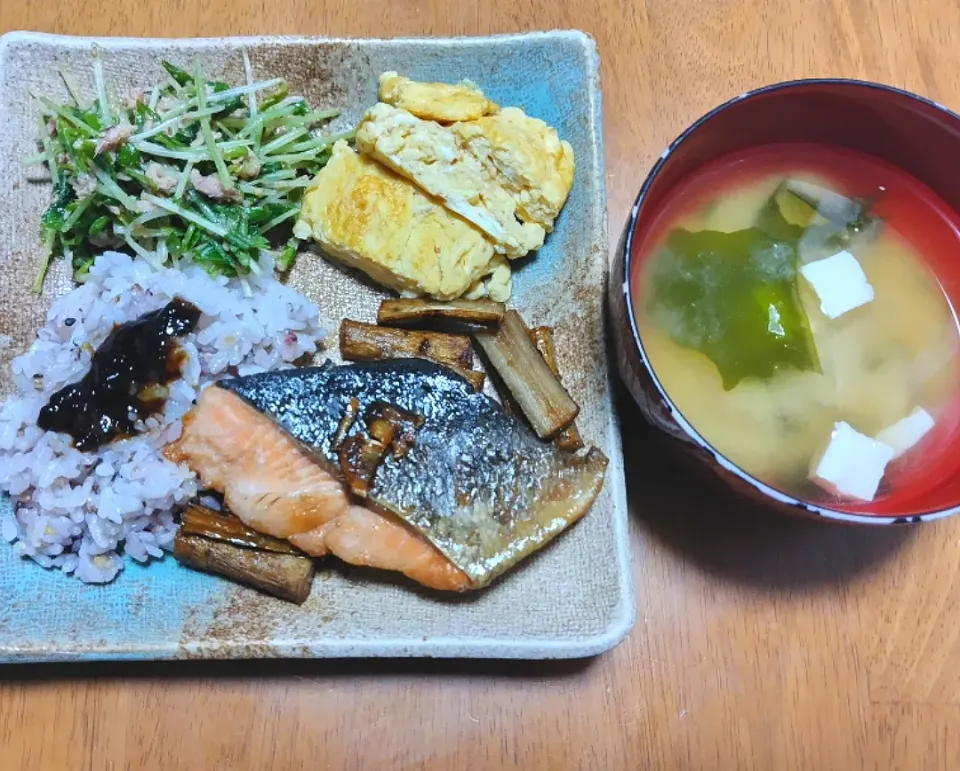 2024 0206　ごぼうと鮭の煮つけ　豆苗とツナのポン酢和え　だし巻き卵　豆腐とわかめのお味噌汁|いもこ。さん