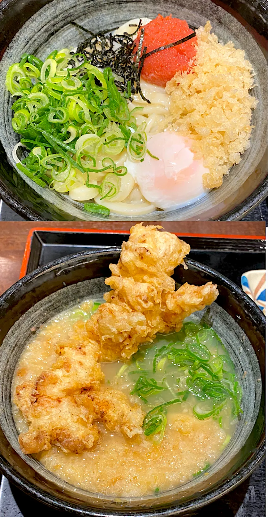 明太釜玉うどん からの 鶏天生姜うどん|すくらんぶるえっぐさん