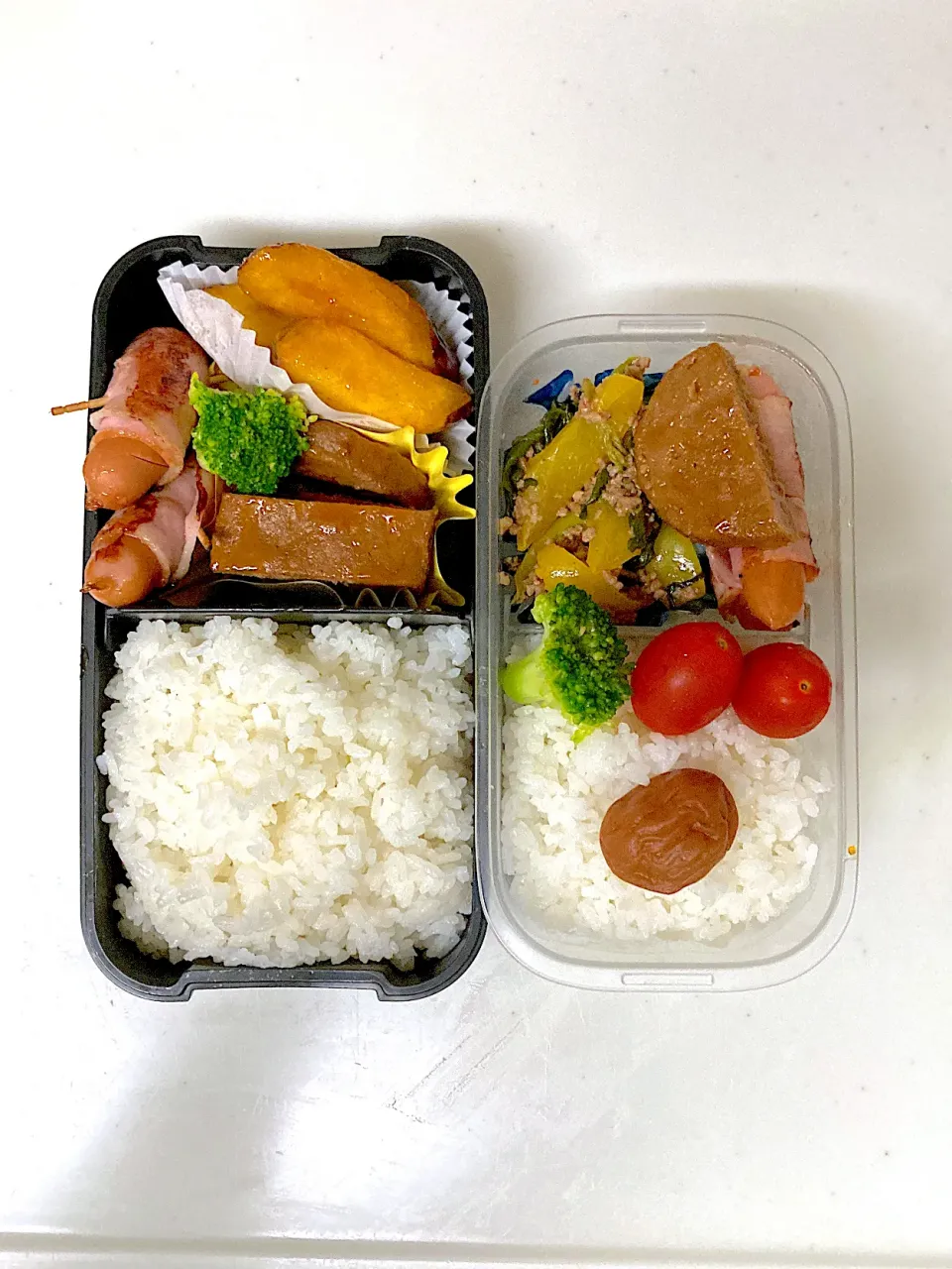 高2になった次男くんへ　ハンバーグとソーセージ弁当　大学芋入り　および母の弁当|晴れ時々弁当さん