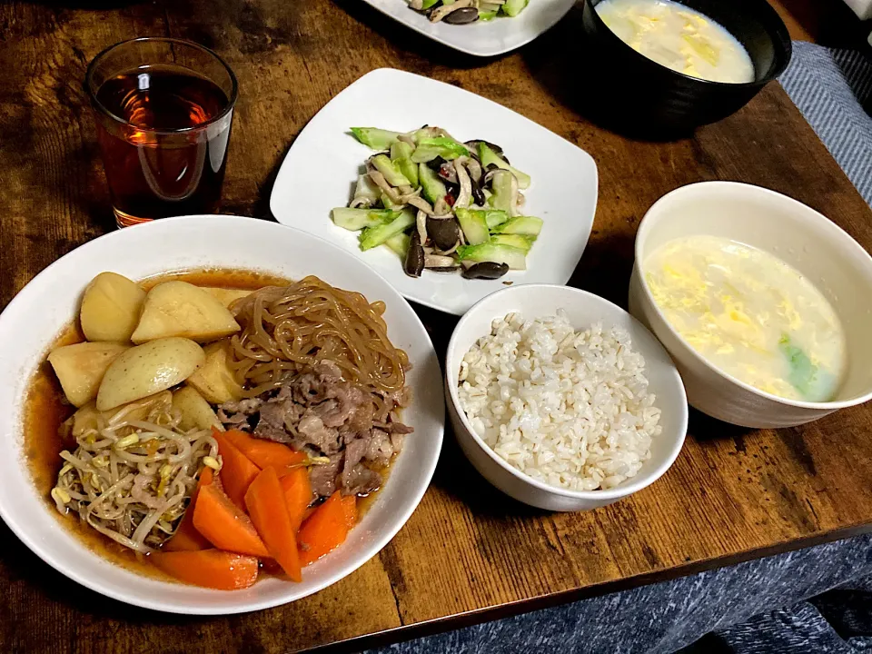 肉じゃがとアーサイとヒラタケの中華炒めと豆乳白菜スープ|しあぺんさん