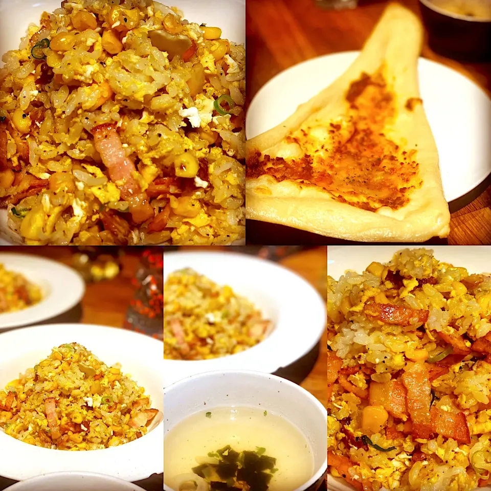 Snapdishの料理写真:Brunch ! Lunch ! Brunch!  Woke up late but threw this together Fried Rice with Bacon , Egg, Sweetcorn , Garlic , and soup light but tasty #friedrice #soup #lunc|Emanuel Hayashiさん