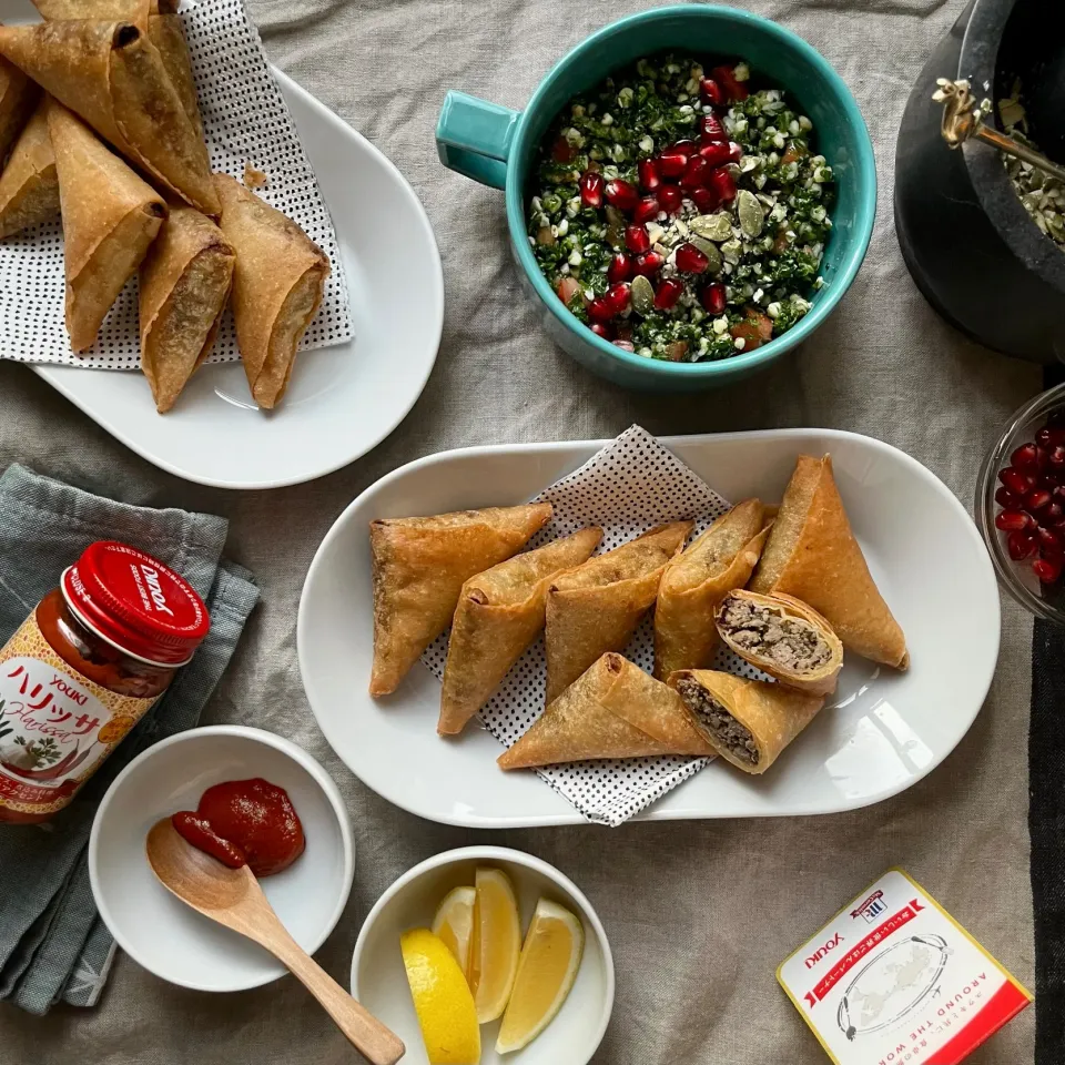 Snapdishの料理写真:🟠まるさんの料理 ラムミンチのブリワット、クスクスのサラダ|まる(丸大豆)さん