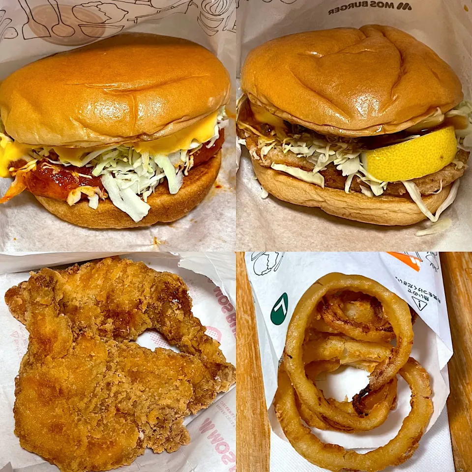 ヤンニョ竜田バーガー🍔　和風旨だれとり竜田バーガー🍔　モスチキン🍗　オニオンフライ🧅|るみおんさん