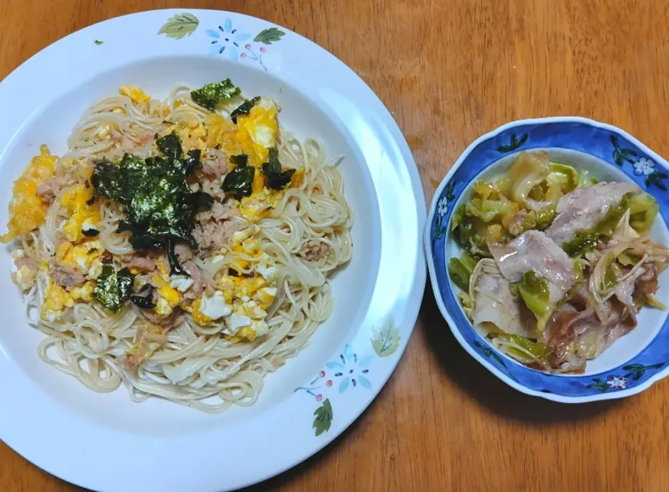 2024 0210　ツナたま素麺　豚バラキャベツのフライパン蒸し|いもこ。さん