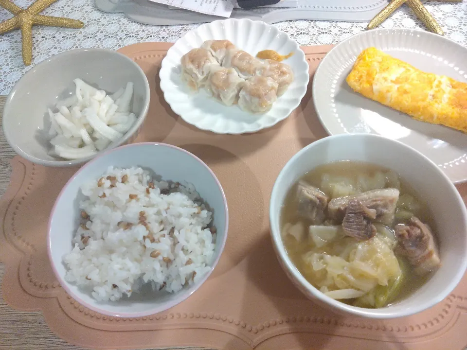 Snapdishの料理写真:焼売　キャベツ煮　卵焼き　大根甘酢|なつき♪さん