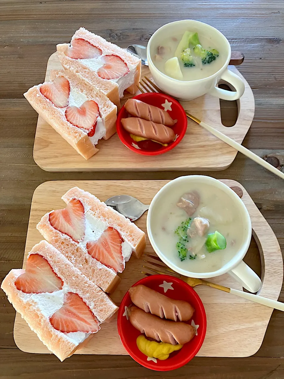 ピンクの食パン焼いて🍓サンドの朝ごはん|あおあおさん