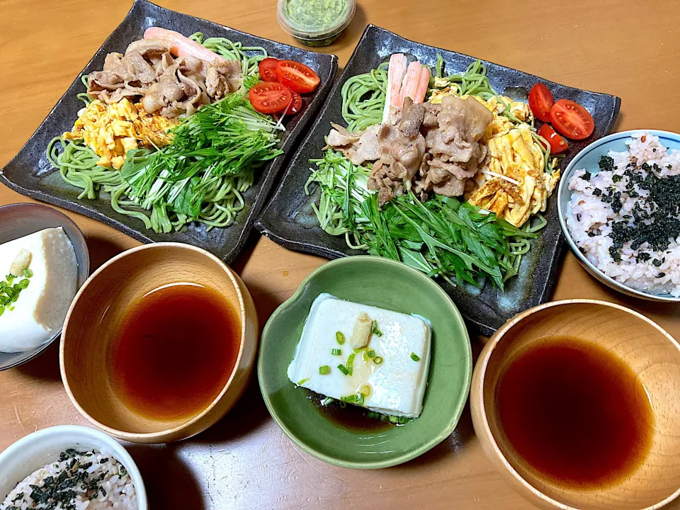 瓦そば風具沢山茶そば♡山芋豆腐♡ワカメ雑穀ご飯|さくたえさん