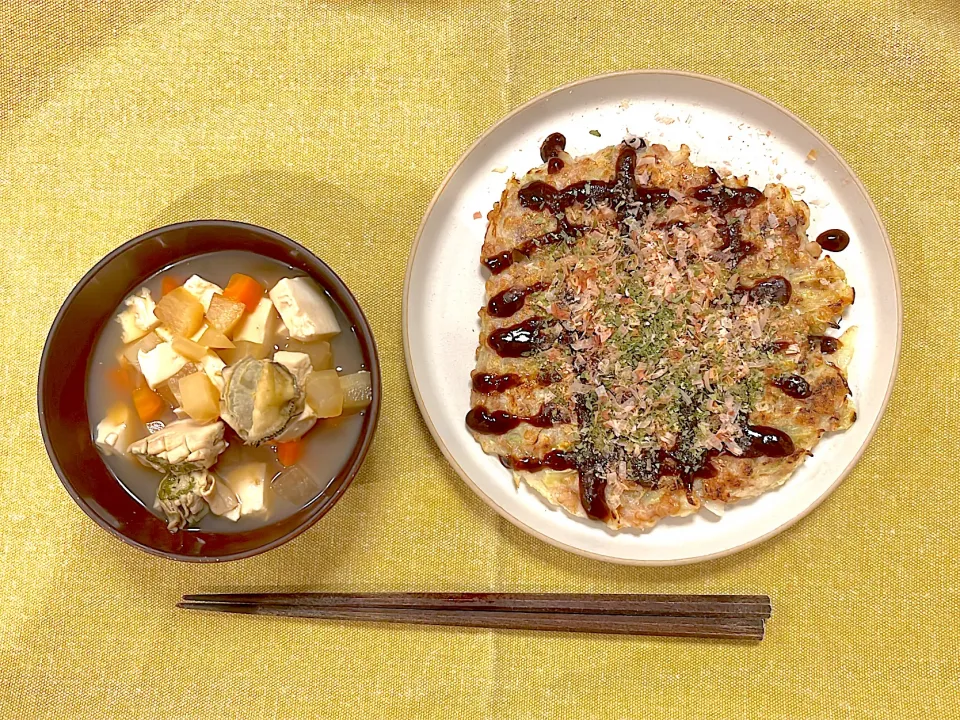 酵素玄米のお好み焼きと牡蠣入りとぎ汁スープ|Atelier Sekiさん