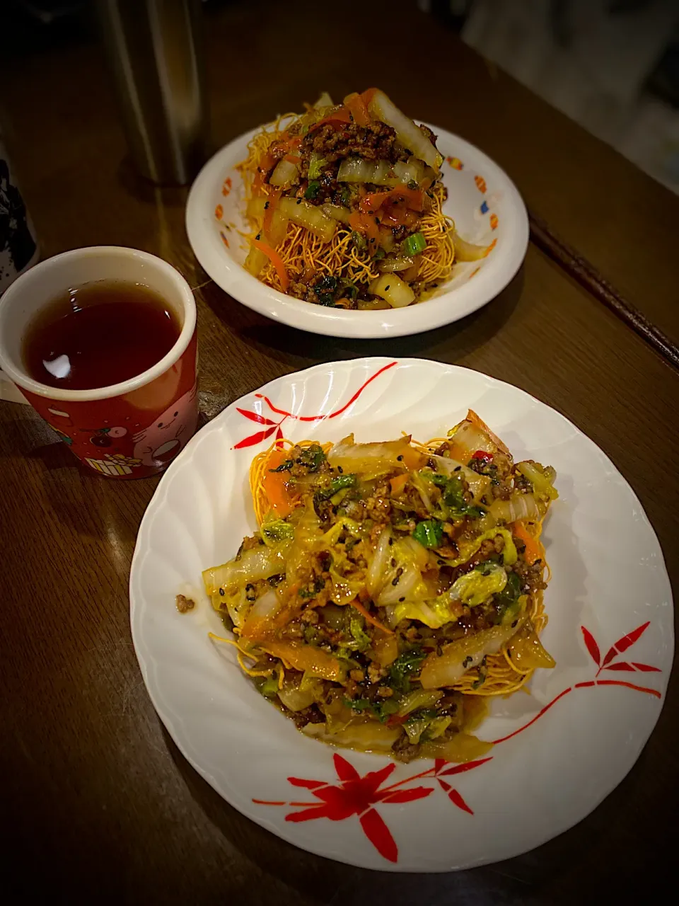 ひき肉入り野菜餡掛け皿うどん　ほうじ茶|ch＊K*∀o(^^*)♪さん