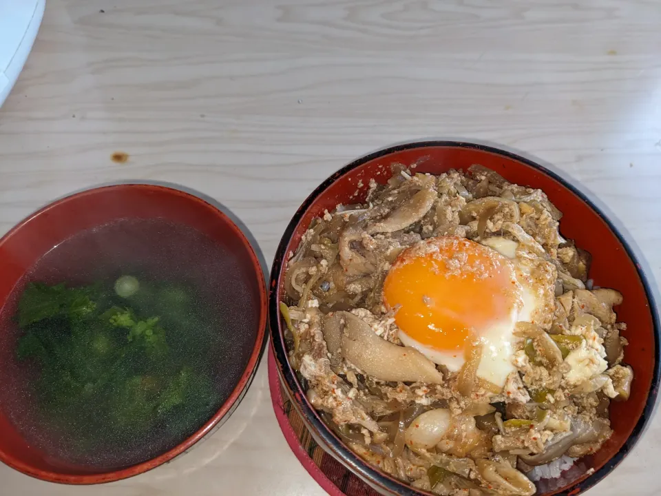 全国的に春一番2024/02/15の食事メニューはスタミナ豚丼定食
・スタミナ豚丼中身（豚こま肉＋長葱＋玉葱＋舞茸＋榎＋目玉煮焼＋サラダ油＋エバラ黄金の味中辛＋オイスターソース＋料理酒＋水＋新潟県産インディカ米）
・菜の花吸い物（菜の花＋顆粒ほんだし＋塩＋チューブ山葵湯）|Tarou  Masayukiさん