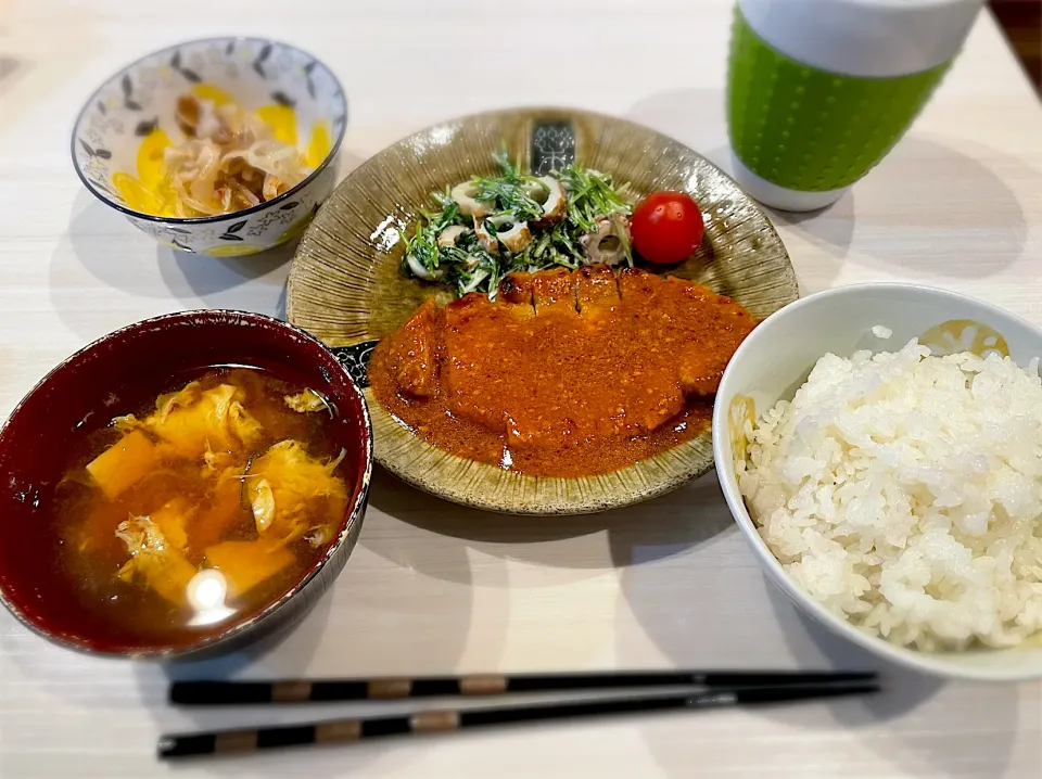 豚肉の味噌焼き　ごはん　汁物　もやしと貝ひもの和え物|キヨさん