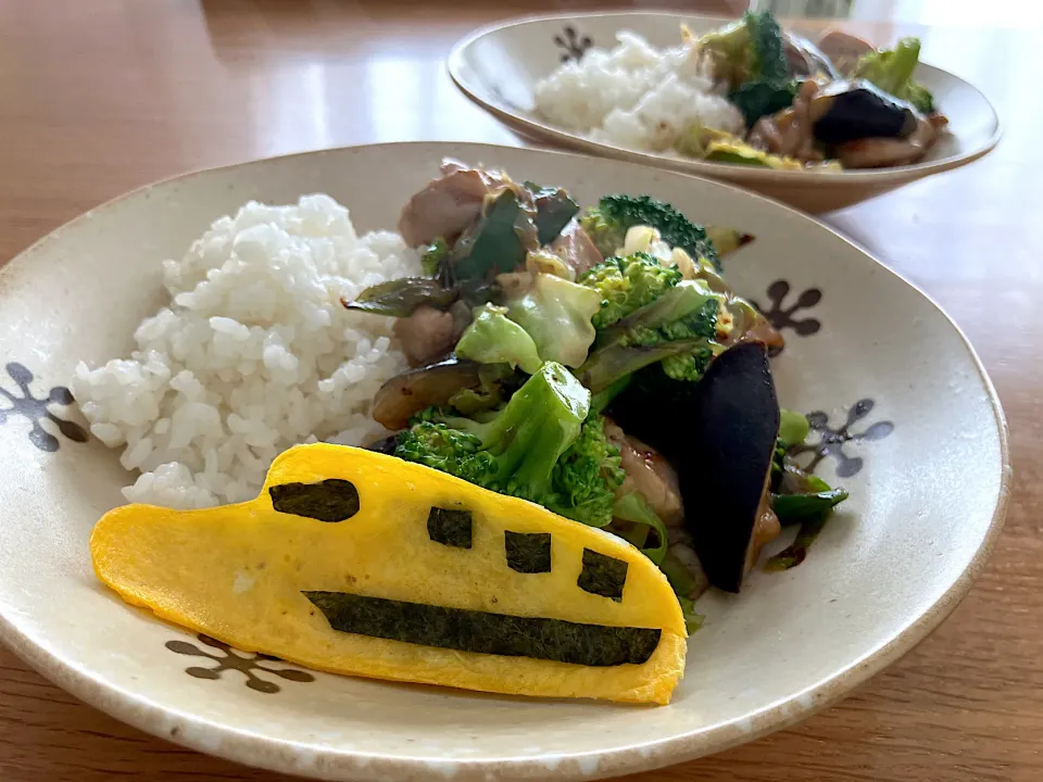 Snapdishの料理写真:＊ブロッコリーと茄子のオイスターソース炒め丼！！おまけのドクターイエロー付き＊|＊抹茶＊さん