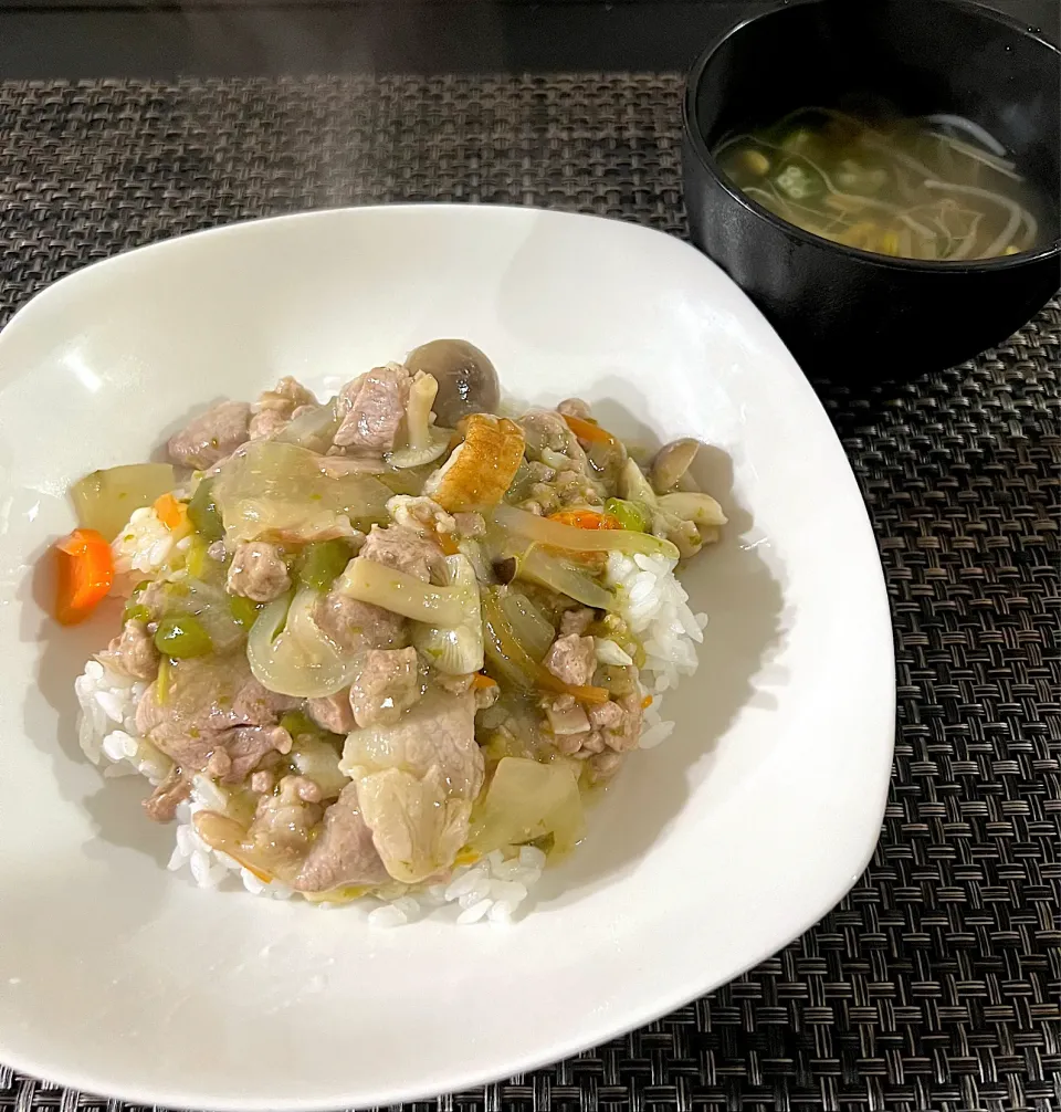 【本日の夕食】残り物をぶち込んだあんかけ丼と豆もやしとオクラのスープ|まひるさん