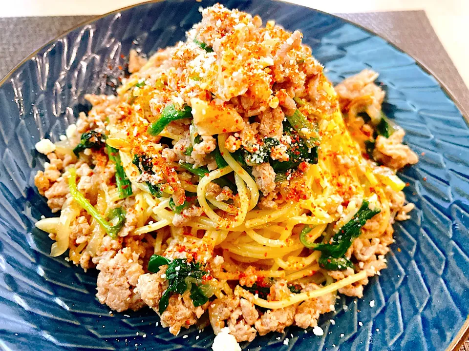 ひき肉とほうれん草のバター醤油パスタ|きい@料理好きサラリーマンさん