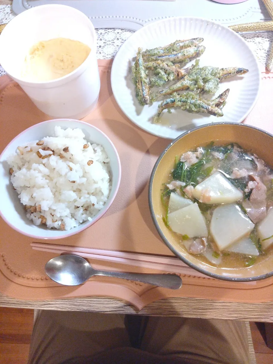 カブと豚肉煮　きびなご天ぷら　豆乳茶碗蒸し|なつき♪さん