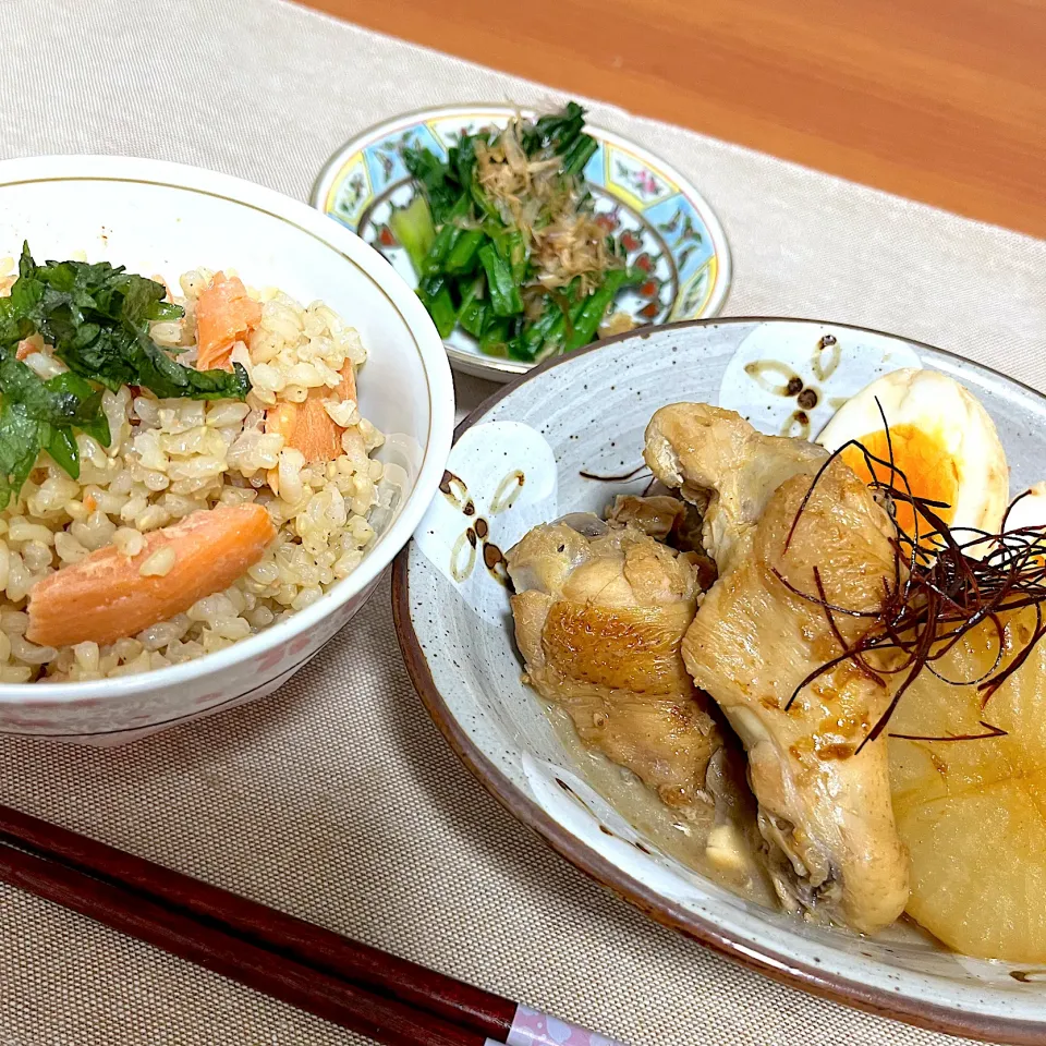 自炊　おひたし　鶏肉と大根のさっぱり煮　鮭ご飯|みんさん