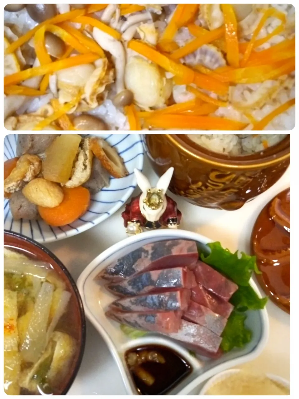 '24．2/19
今夜はベビーホタテの炊き込みご飯といなだの刺身😋|たえさん