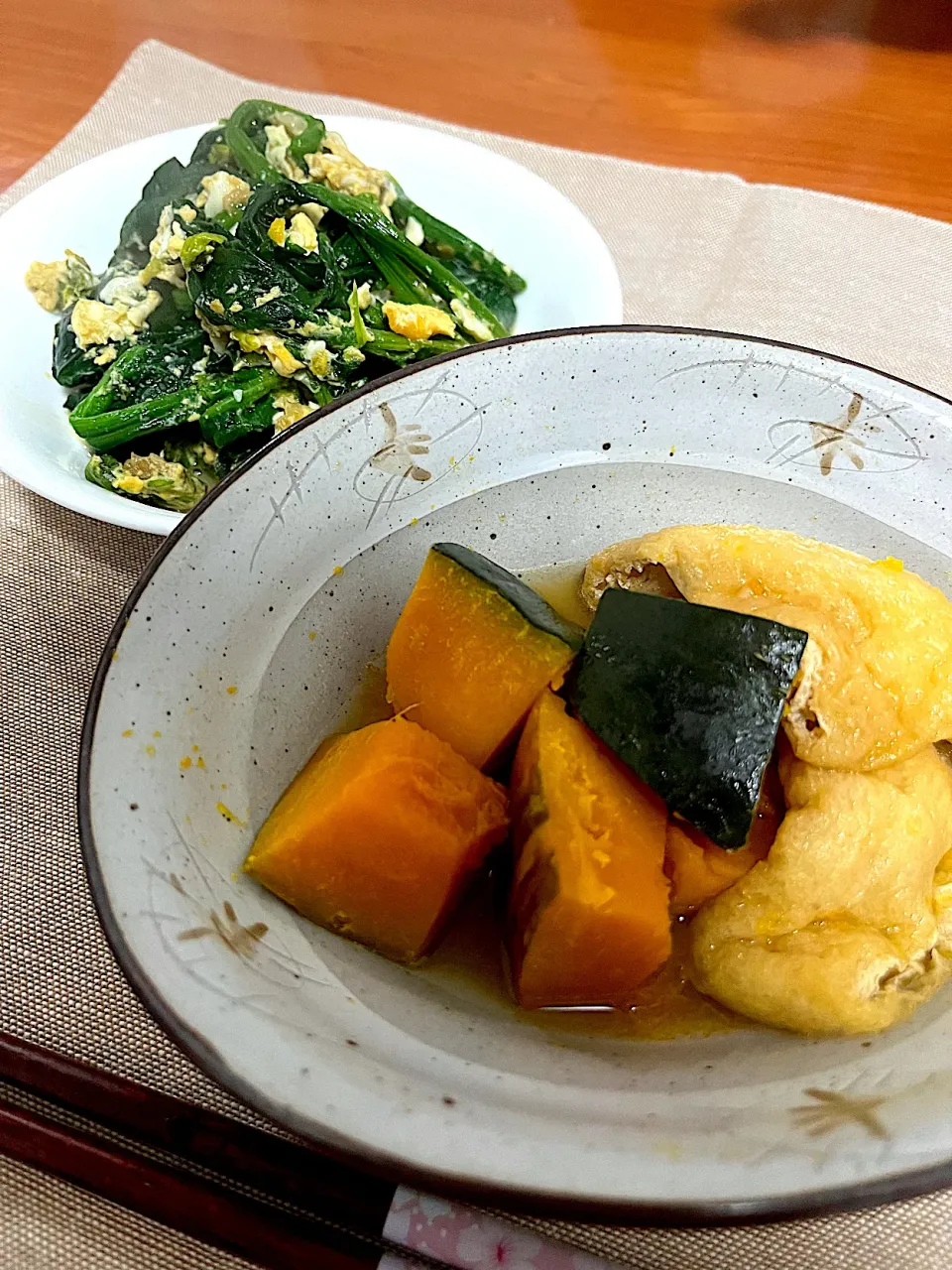 自炊　ほうれん草の卵炒め　かぼちゃの煮付け|みんさん