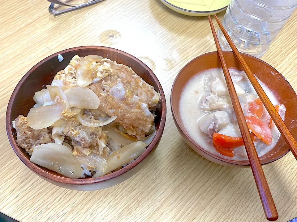 今日はカツ丼　昨日の残りの粕汁|ぽんぽこまめだ。さん