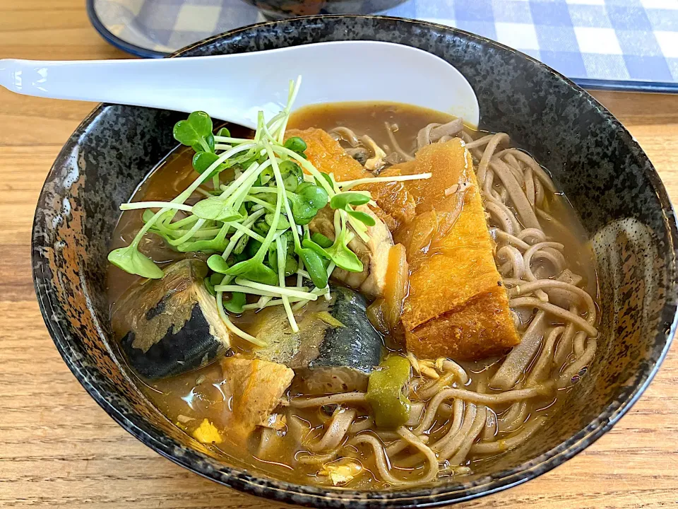 スパイスカレー蕎麦にサバトッピング|しのぶさん