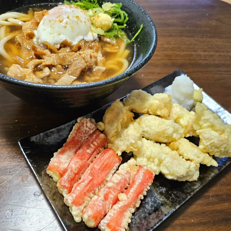 豚生姜焼きうどん、とり天|にきじろうさん