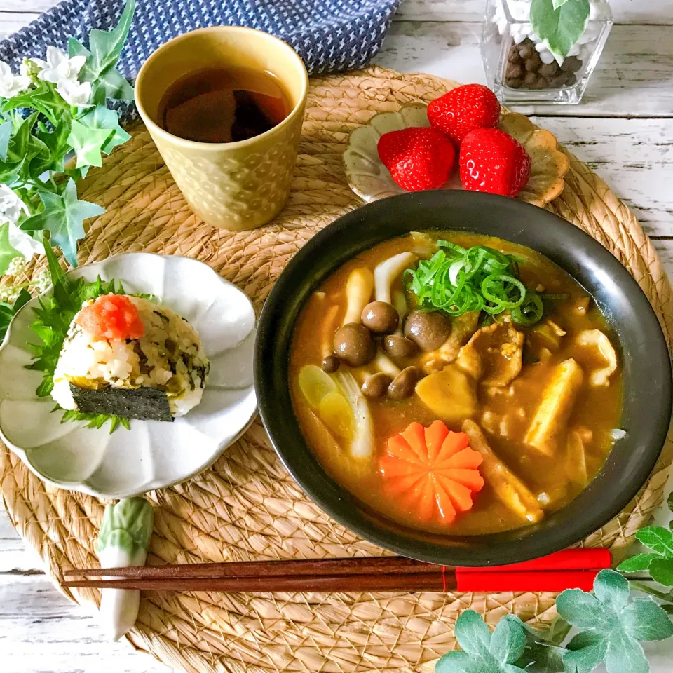 カレーうどん&高菜明太子おにぎり|ハマーさん