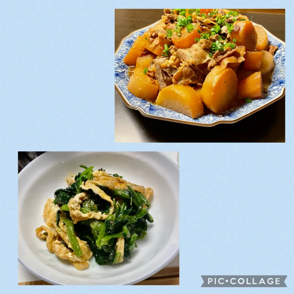 Snapdishの料理写真:豚バラ大根＆ほうれん草と油揚げのゴマみそ和え|okeiko🎶さん