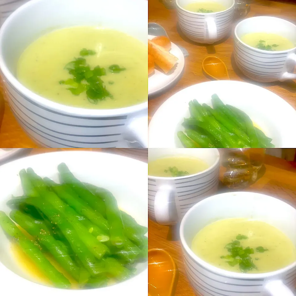 Snapdishの料理写真:Dinner ! Dinner ! 
Homemade Cream of leek Clam Chowder with Mussels, with Garlic Bread , French Green Beans in Black Pepper & Butter 
#soup #chowder #mussels #c|Emanuel Hayashiさん