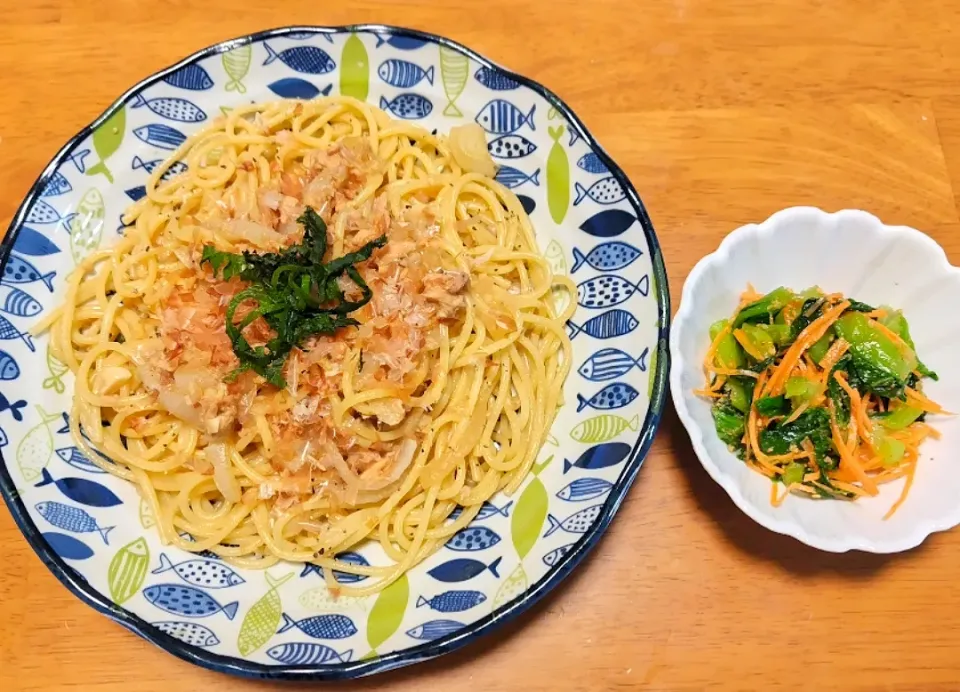 2024 0227　ツナと玉ねぎのにんにく醤油パスタ　青梗菜のナムル|いもこ。さん