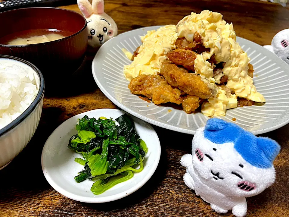 チキン南蛮、ほうれん草のおひたし、味噌汁、ご飯|おくらさん