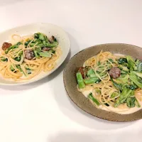 Snapdishの料理写真:菜の花とミートボールのクリームパスタ|晴さん