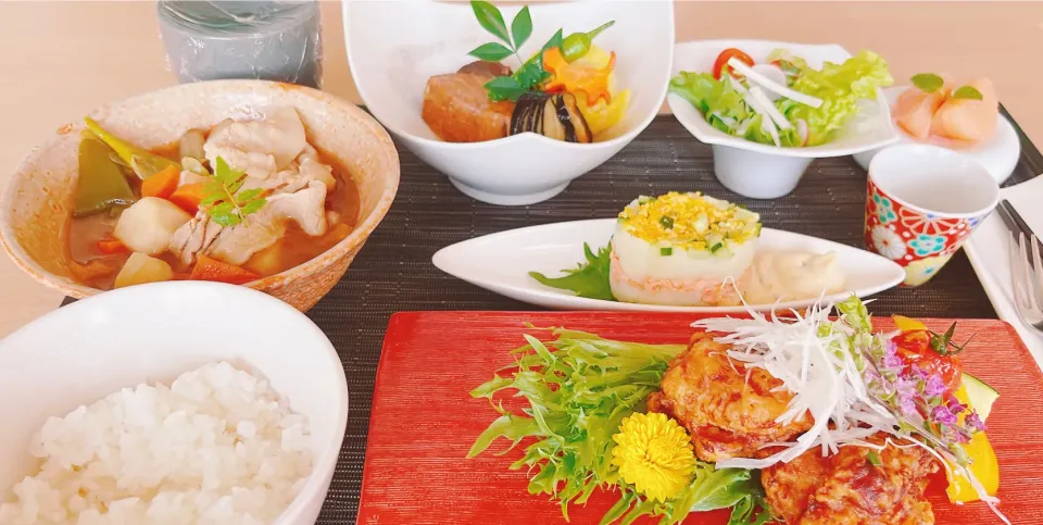 鶏唐揚げみぞれ和え　鰤の山椒煮　豚汁　ポテトサラダ|トモロヲさん