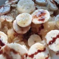 Snapdishの料理写真:pancake crumbles with banana topped with honey,butter and chocolate syrup|Gargiさん