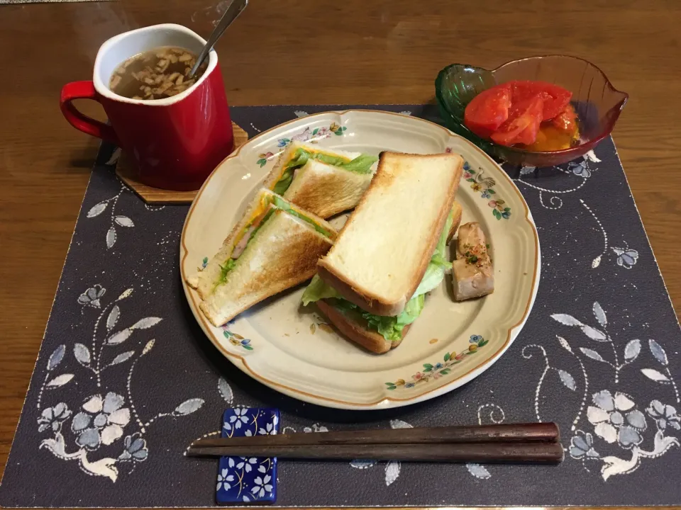 Snapdishの料理写真:ホットサンドイッチ、鮪ソテー、トマト、タマネギスープ(昼飯)|enarinさん