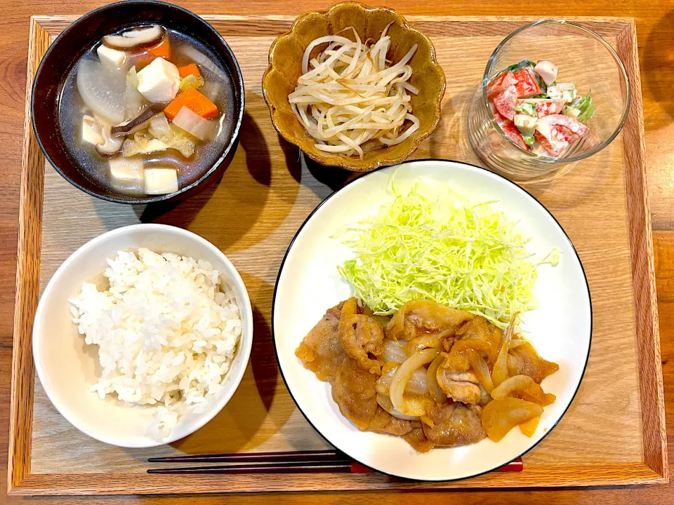 今日の夜ご飯(生姜焼き、もやしナムル、カニカマサラダ、けんちん汁)|cocomikaさん