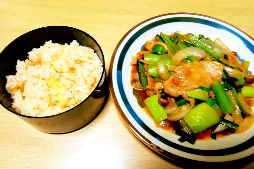 豚肉のガリバター焼き。鳥肉と御坊と油揚げの炊き込みご飯。|りささん