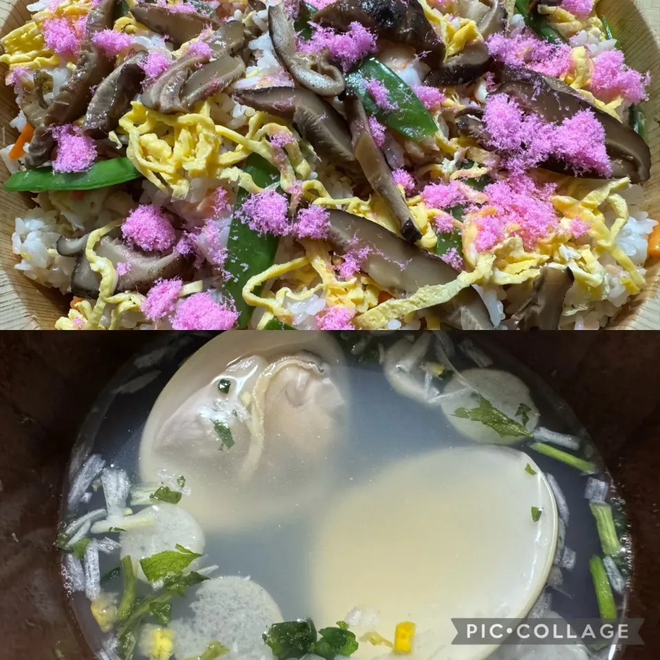 Snapdishの料理写真:今宵は自宅でちらし寿司を。具材は、穴子、蛸、海老、焼き鮭、にんじん、椎茸、錦糸卵、れんこん、さやえんどう、桜でんぶです。美味しくいただきました。蛤の吸いものも大好物です。|sniper66さん