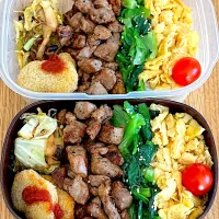 3色丼弁当.卵そぼろ.小松菜ナムル.塩麹漬豚肩焼き.キャベツとエリンギおかかじゃこ炒め.ナゲット| サウザンさん