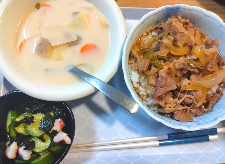 粕汁
牛丼
酢の物|さゆさん