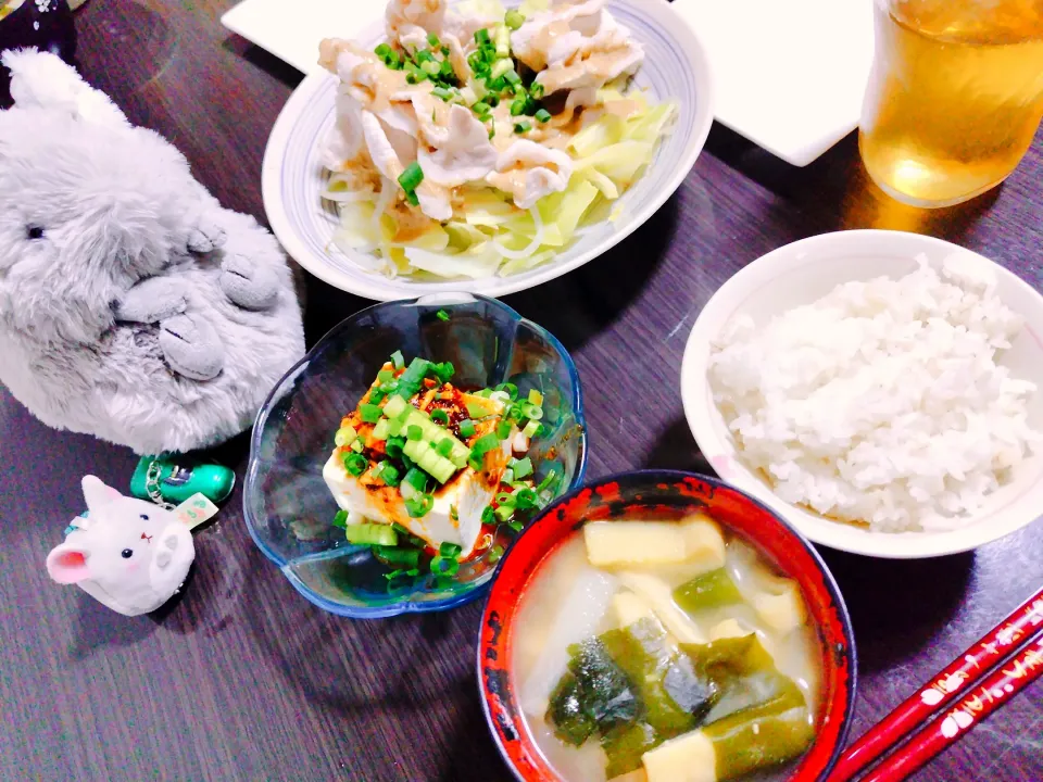 押し麦ご飯、大根とわかめと油揚げの味噌汁、豚しゃぶサラダ、ラッコ|サトリさん