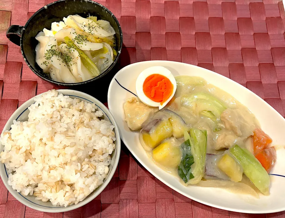 Snapdishの料理写真:中学生息子のお昼ご飯🍚 チンゲンサイと鶏むね肉のクリーム煮と水餃子🍚|Snow10さん