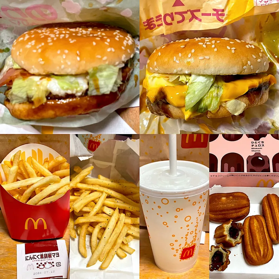 のり塩じやがバターベーコンてりたま🧈🥓🍔　　　チーズてりたま🧀🍔　　ひとくちチュロス　　シャカシャカポテト🍟にんにく🧄黒胡椒マヨ味　　スプライト🥤|るみおんさん