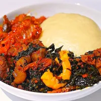 Dinner is served!
 Nigerian vegetables soup and Tomato stew to be eaten with wheat swallow.|MOさん