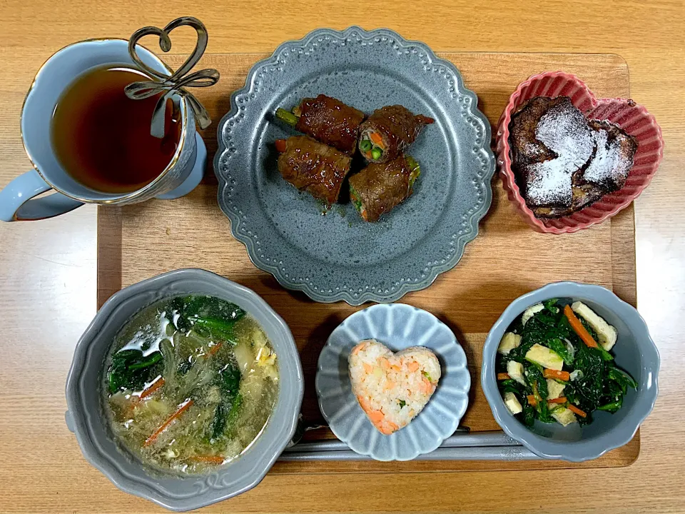 牛肉野菜ロールの照り焼き献立♡|ekoneko❤︎さん