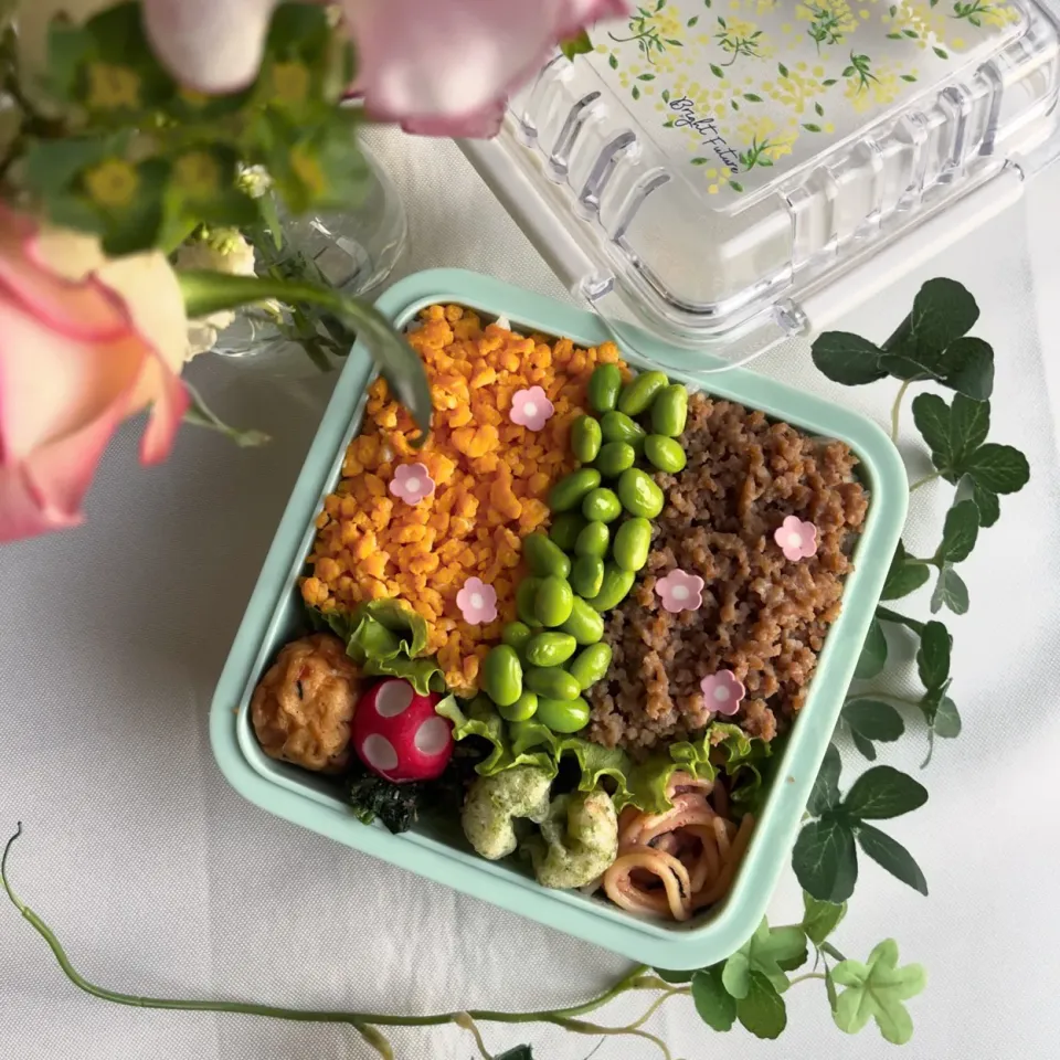 Snapdishの料理写真:3/14❤︎主人の三色そぼろ弁当🌱✨

＊ 豚そぼろ
＊ たまごそぼろ
＊ 枝豆🫛
＊ えびとひじきのふんわり揚げ
＊ ちくわの磯辺揚げ
＊ たらこパスタ|Makinsさん