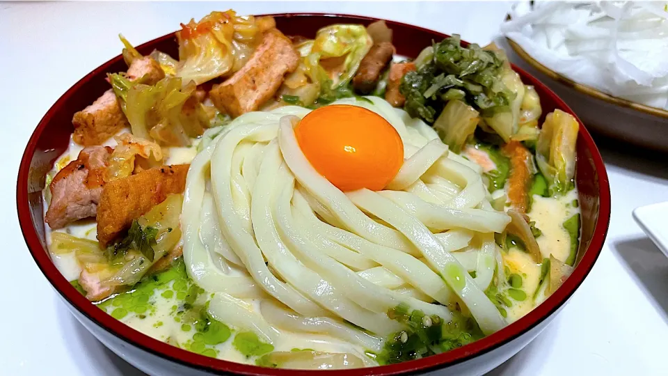 青葱辣油ピリ辛キャベツ炒め豆乳うどん|マニラ男さん