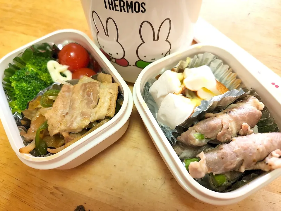 Snapdishの料理写真:アスパラの肉巻き、チーズインはんぺん
野菜炒め、ブロッコリー&ミニトマト|清水愛情弁当さん