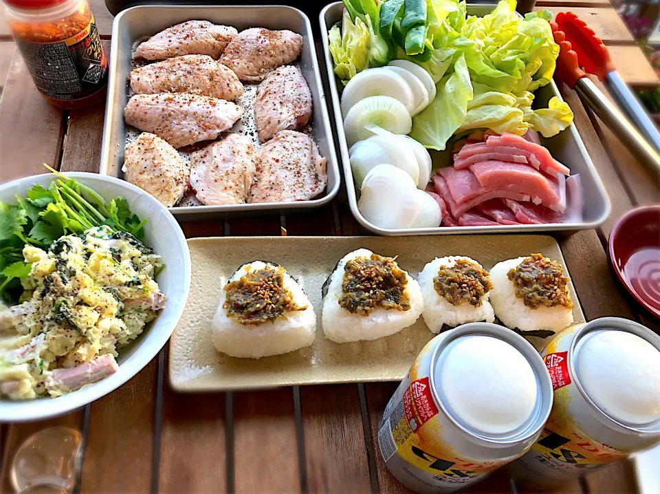 今年初のベランダ焼肉　蕗の薹味噌のおにぎり🍙と|じゅんさんさん